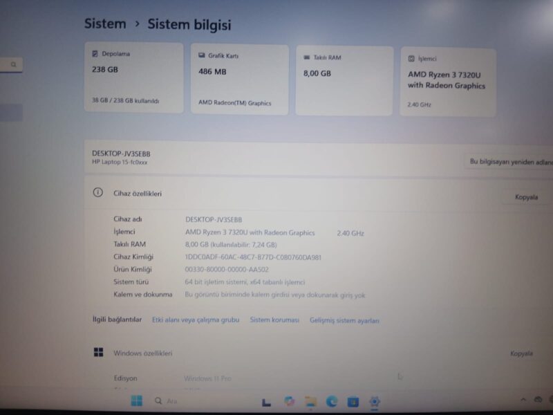 23 AY GARANTİSİ DEVAM EDİYOR HP RYZEN 3 7.NESİL İŞLEMCİ 8GB DDR5 RAM 256GB NVME SSD - Görsel 5